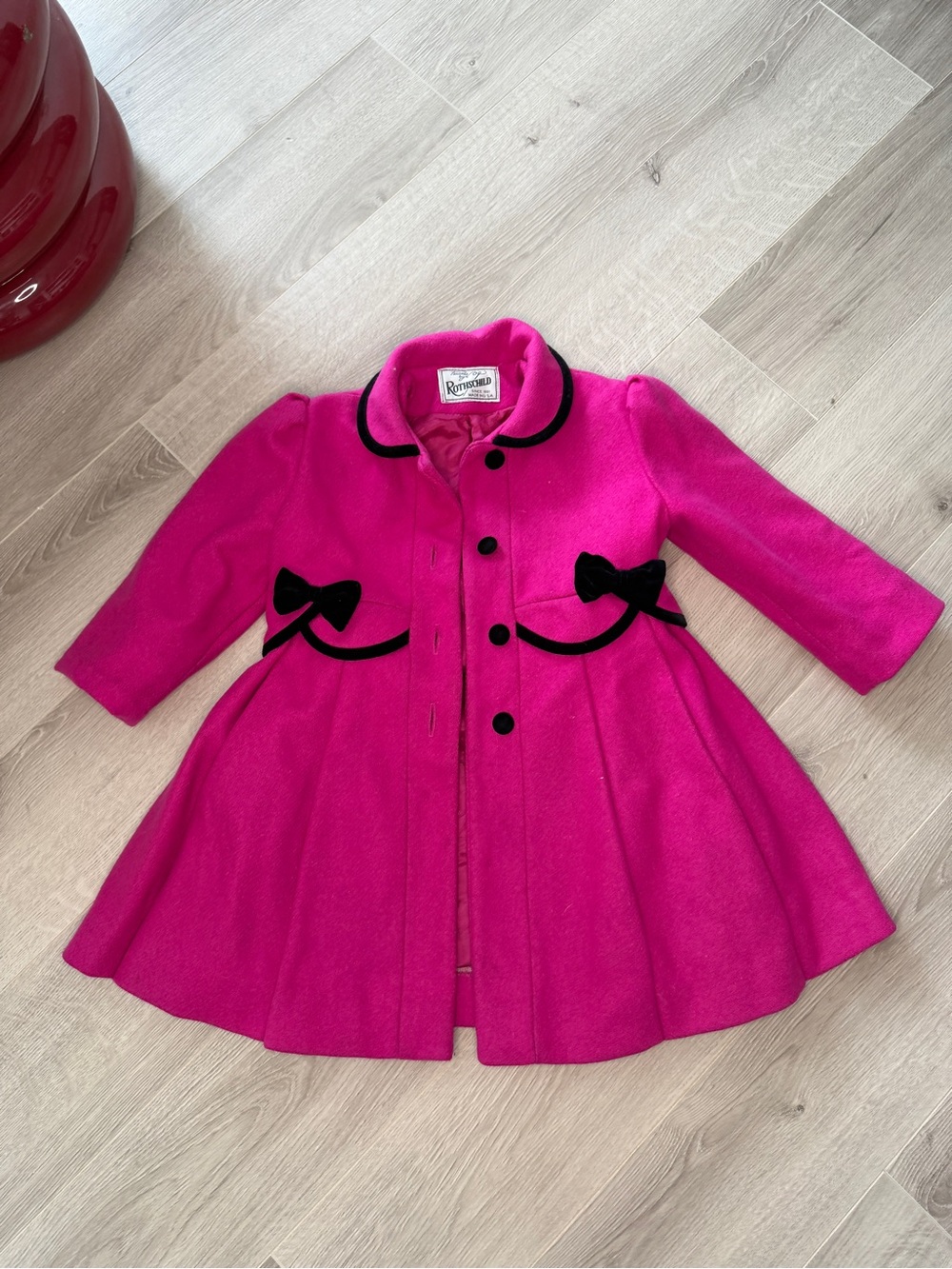 Vintage Rothschild Girls Wool Coat Pink Velvet Bow USA Sz 4